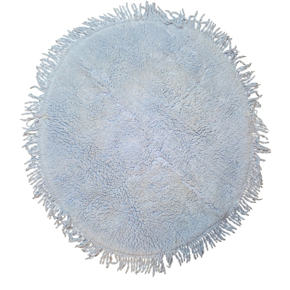 Vtg Light Blue Round Shag Bath Rug Fringed Tassel Retro MCM 24 Inch Small Rug